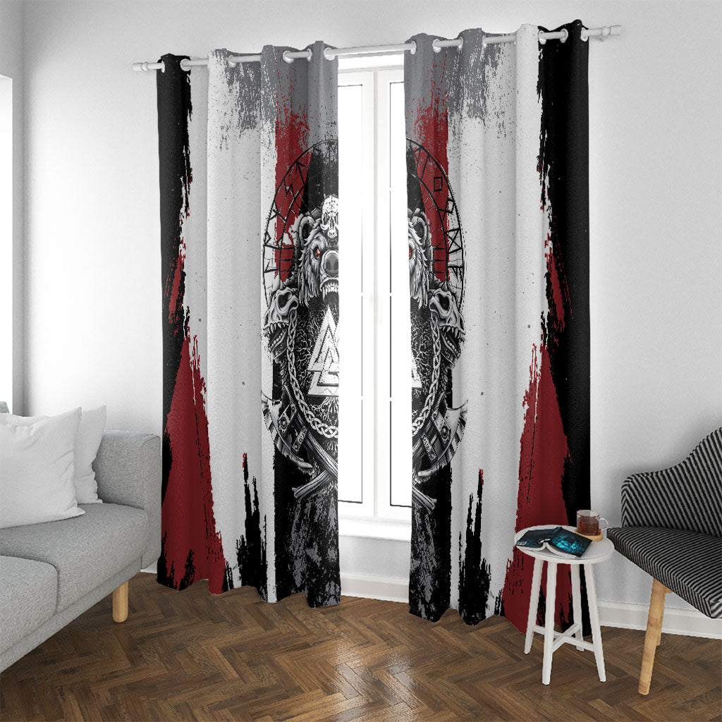 Viking Berserker Bear Valknut Vegvisir Window Curtain Nordic Runic Warrior Engraving Style