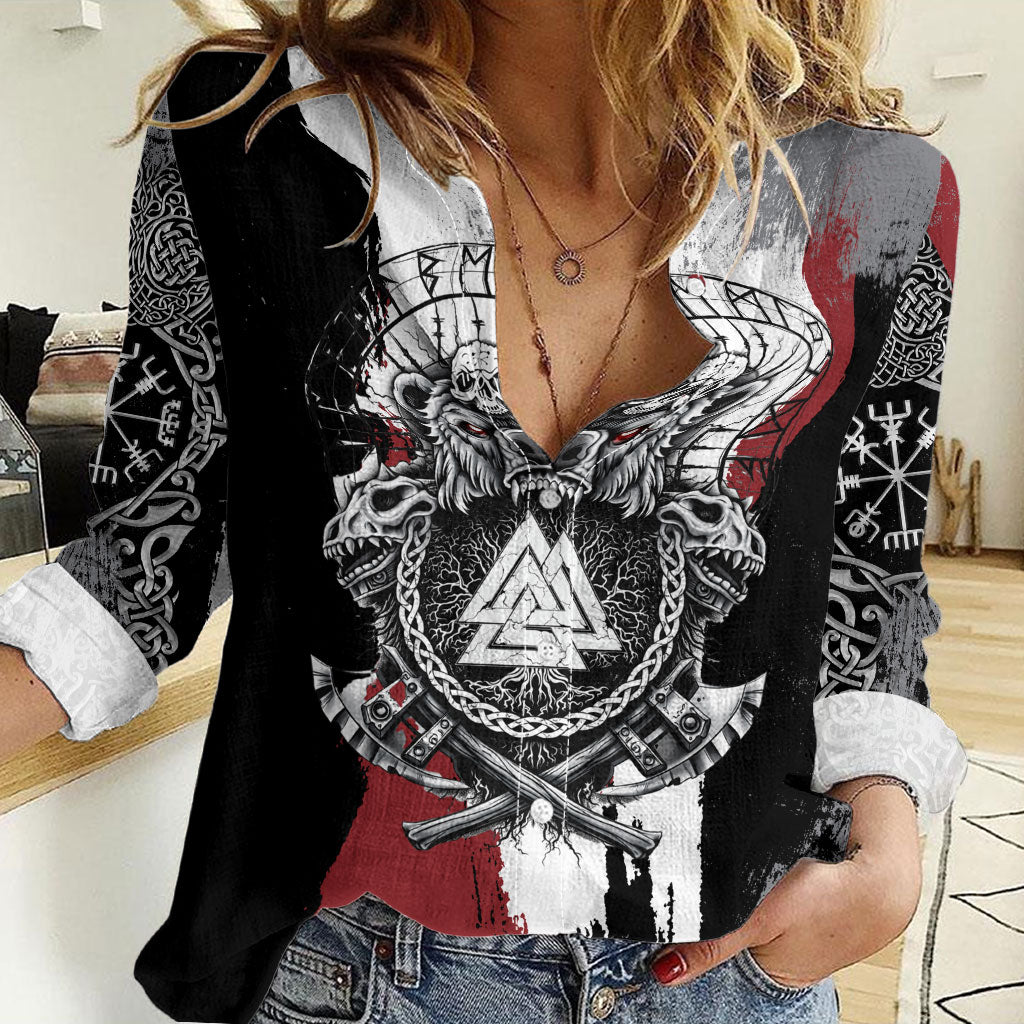 Viking Berserker Bear Valknut Vegvisir Women Casual Shirt Nordic Runic Warrior Engraving Style