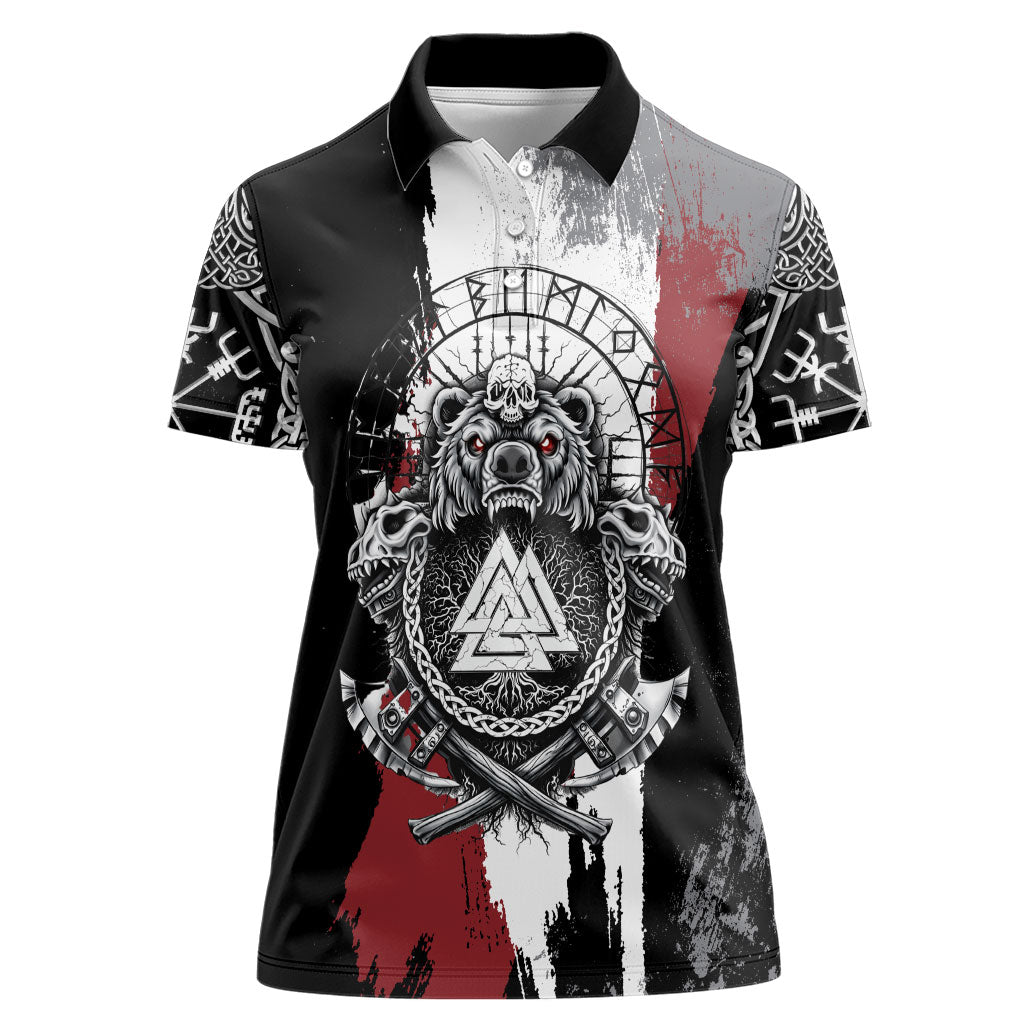 Viking Berserker Bear Valknut Vegvisir Women Polo Shirt Nordic Runic Warrior Engraving Style