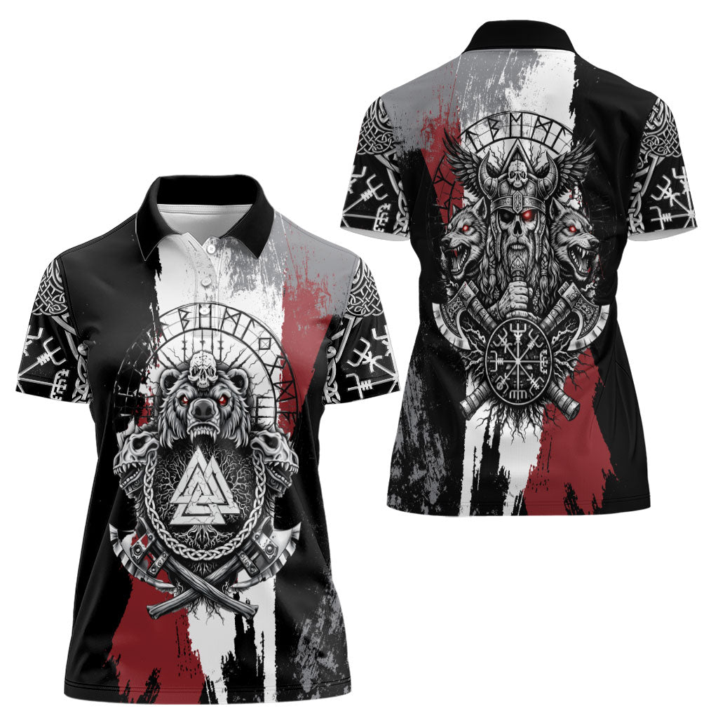 Viking Berserker Bear Valknut Vegvisir Women Polo Shirt Nordic Runic Warrior Engraving Style