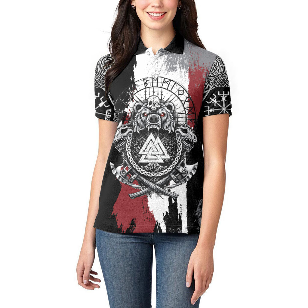 Viking Berserker Bear Valknut Vegvisir Women Polo Shirt Nordic Runic Warrior Engraving Style
