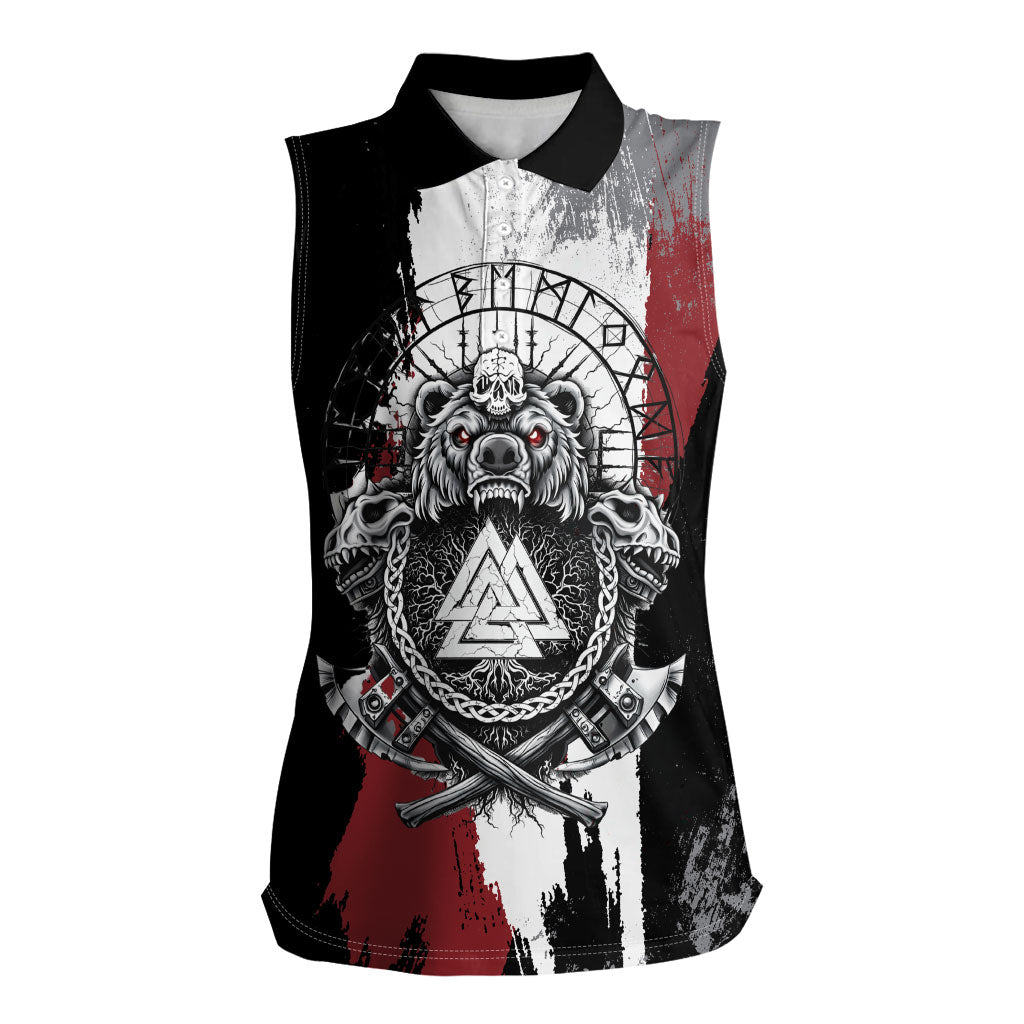 Viking Berserker Bear Valknut Vegvisir Women Sleeveless Polo Shirt Nordic Runic Warrior Engraving Style