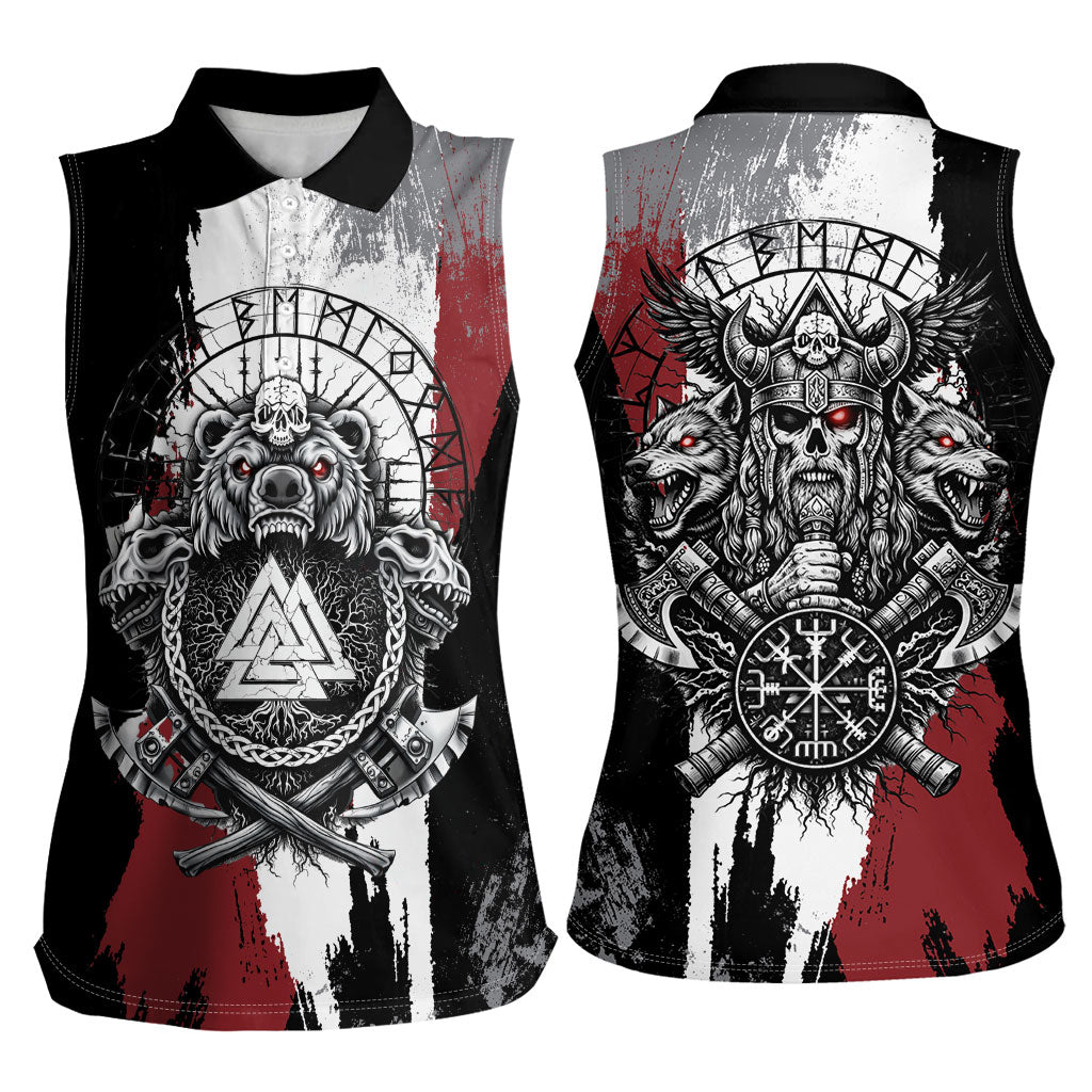 Viking Berserker Bear Valknut Vegvisir Women Sleeveless Polo Shirt Nordic Runic Warrior Engraving Style