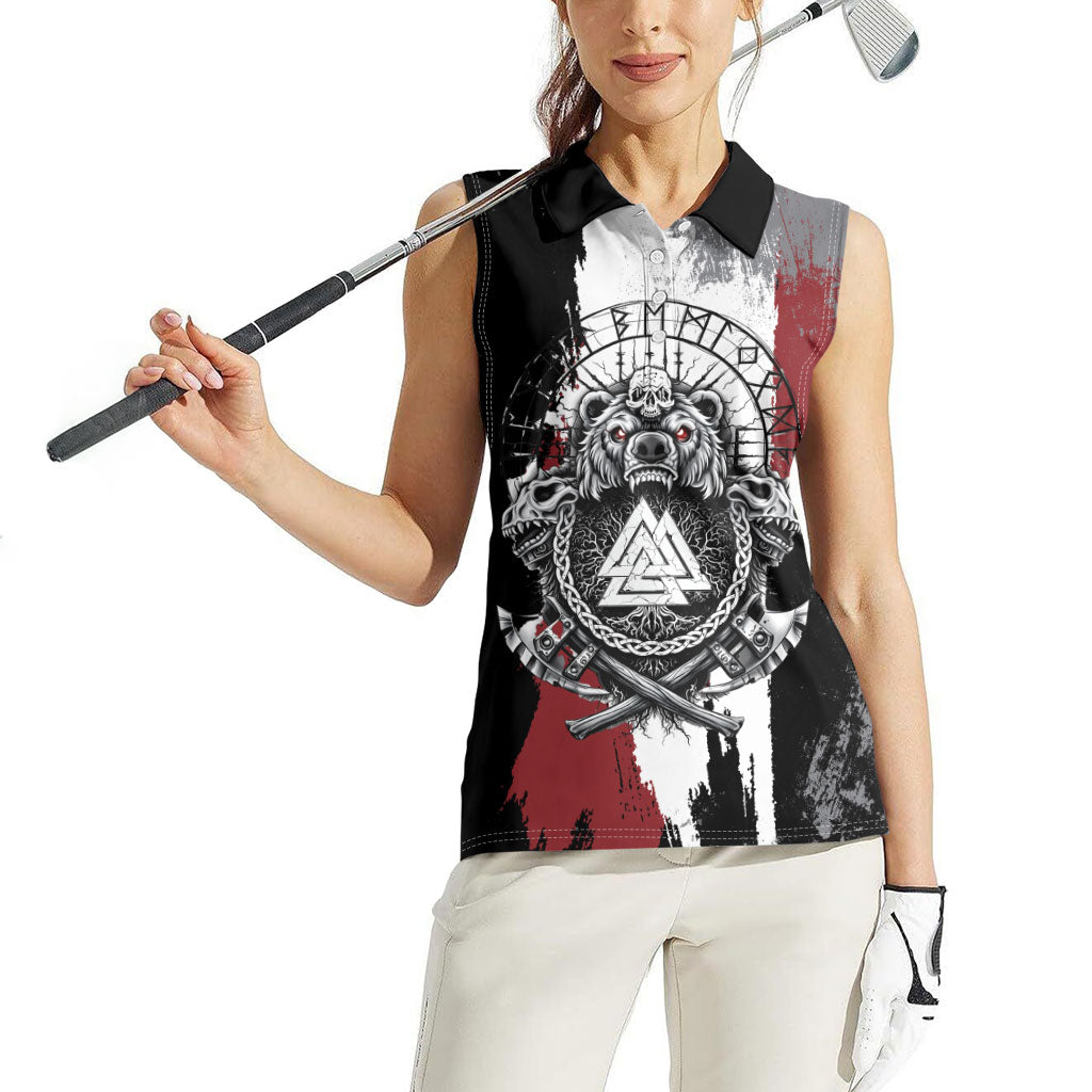Viking Berserker Bear Valknut Vegvisir Women Sleeveless Polo Shirt Nordic Runic Warrior Engraving Style