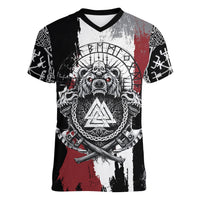 Viking Berserker Bear Valknut Vegvisir Women V-Neck T-Shirt Nordic Runic Warrior Engraving Style