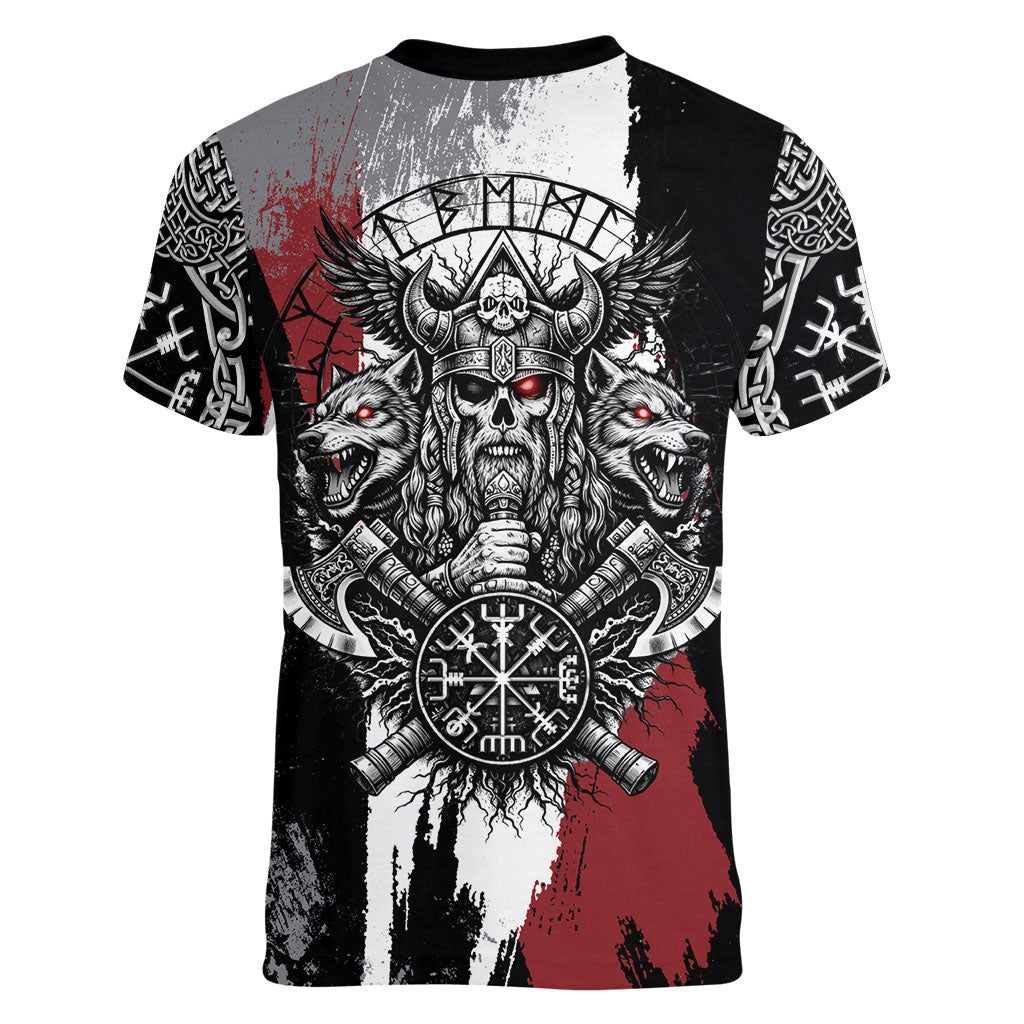 Viking Berserker Bear Valknut Vegvisir Women V-Neck T-Shirt Nordic Runic Warrior Engraving Style