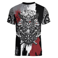 Viking Berserker Bear Valknut Vegvisir Women V-Neck T-Shirt Nordic Runic Warrior Engraving Style