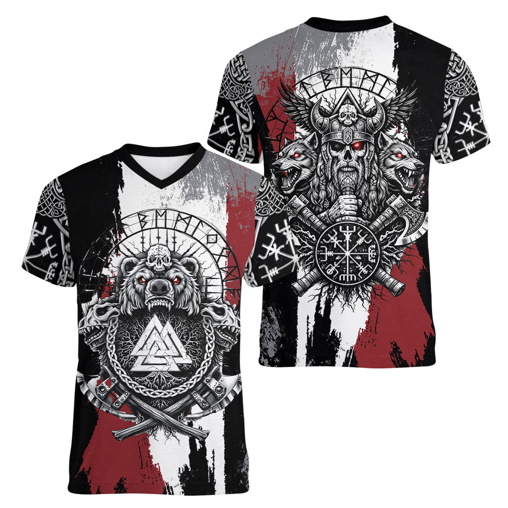 Viking Berserker Bear Valknut Vegvisir Women V-Neck T-Shirt Nordic Runic Warrior Engraving Style