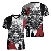 Viking Berserker Bear Valknut Vegvisir Women V-Neck T-Shirt Nordic Runic Warrior Engraving Style