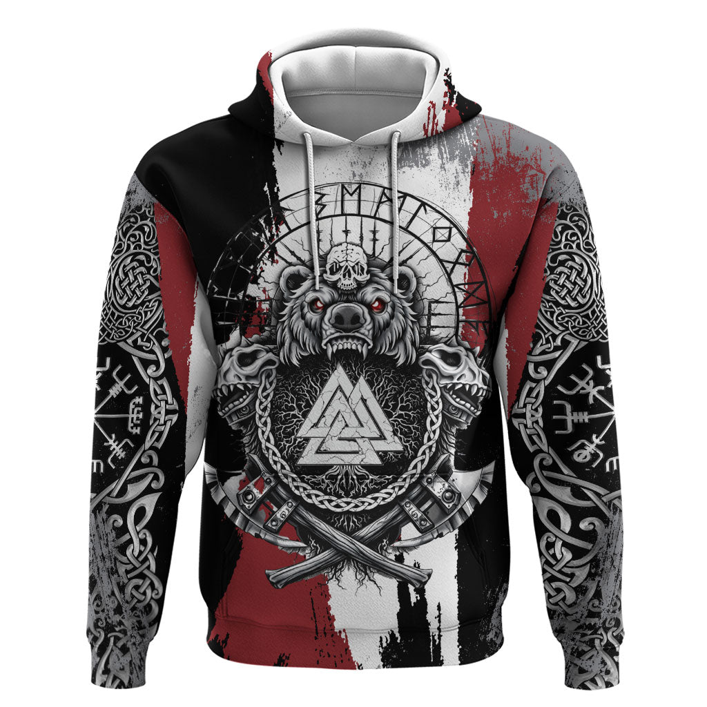 Viking Berserker Bear Valknut Vegvisir Zip Hoodie Nordic Runic Warrior Engraving Style
