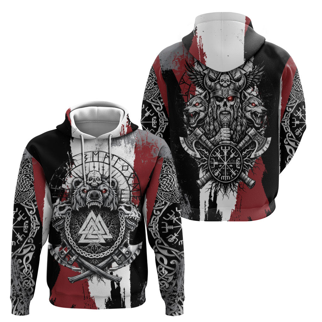 Viking Berserker Bear Valknut Vegvisir Zip Hoodie Nordic Runic Warrior Engraving Style