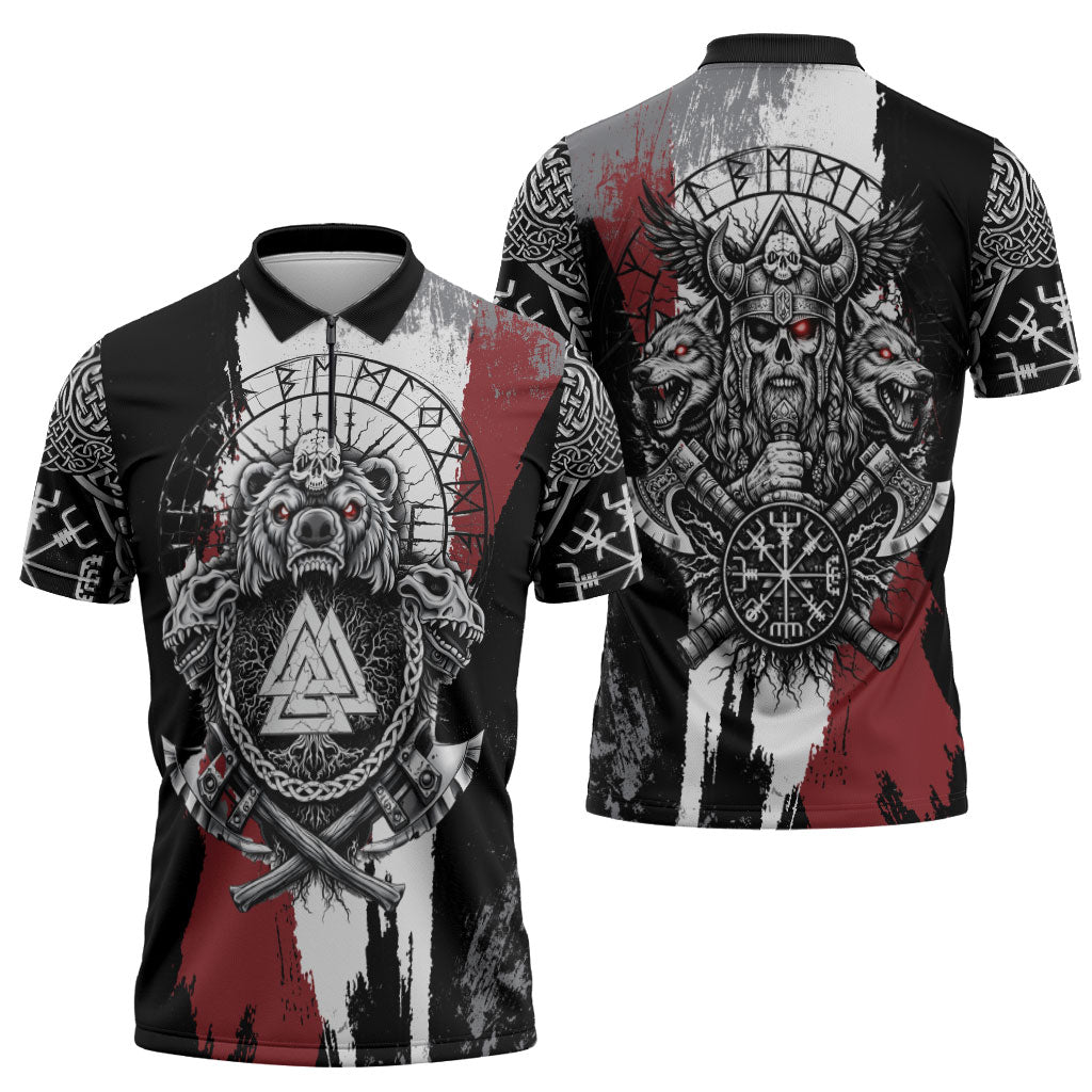 Viking Berserker Bear Valknut Vegvisir Zipper Polo Shirt Nordic Runic Warrior Engraving Style
