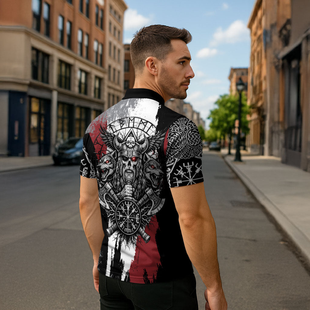 Viking Berserker Bear Valknut Vegvisir Zipper Polo Shirt Nordic Runic Warrior Engraving Style