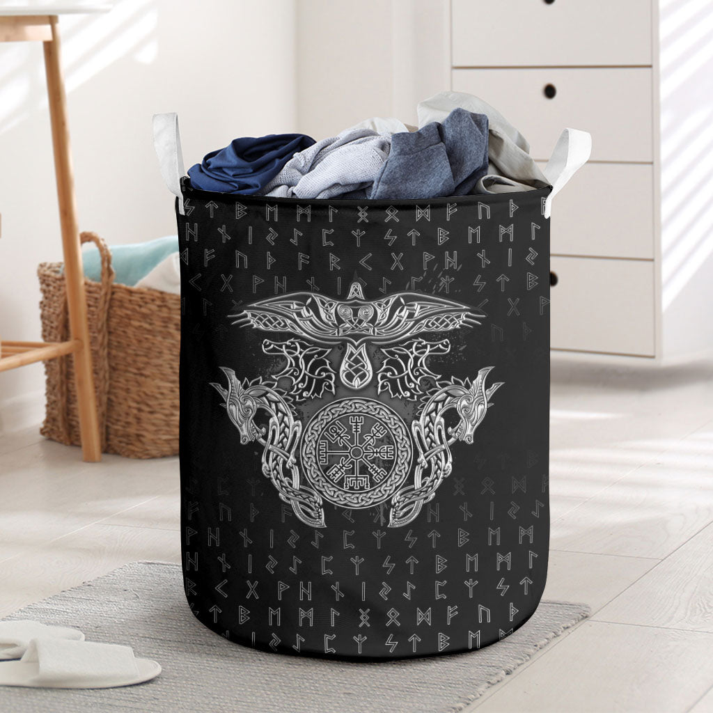 Viking Vegvisir Serpent Rune Cross Laundry Basket Nordic Knotwork Runic Engraving Style