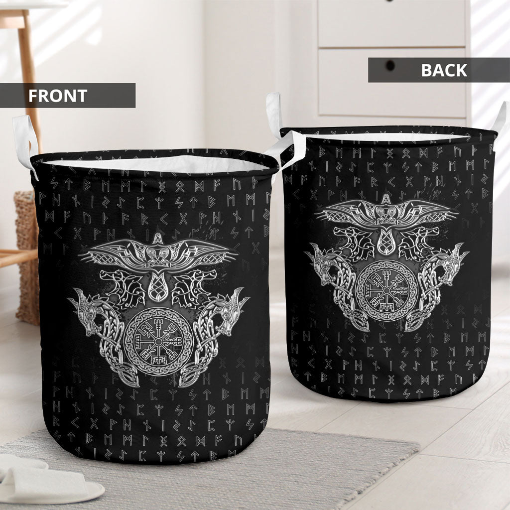 Viking Vegvisir Serpent Rune Cross Laundry Basket Nordic Knotwork Runic Engraving Style