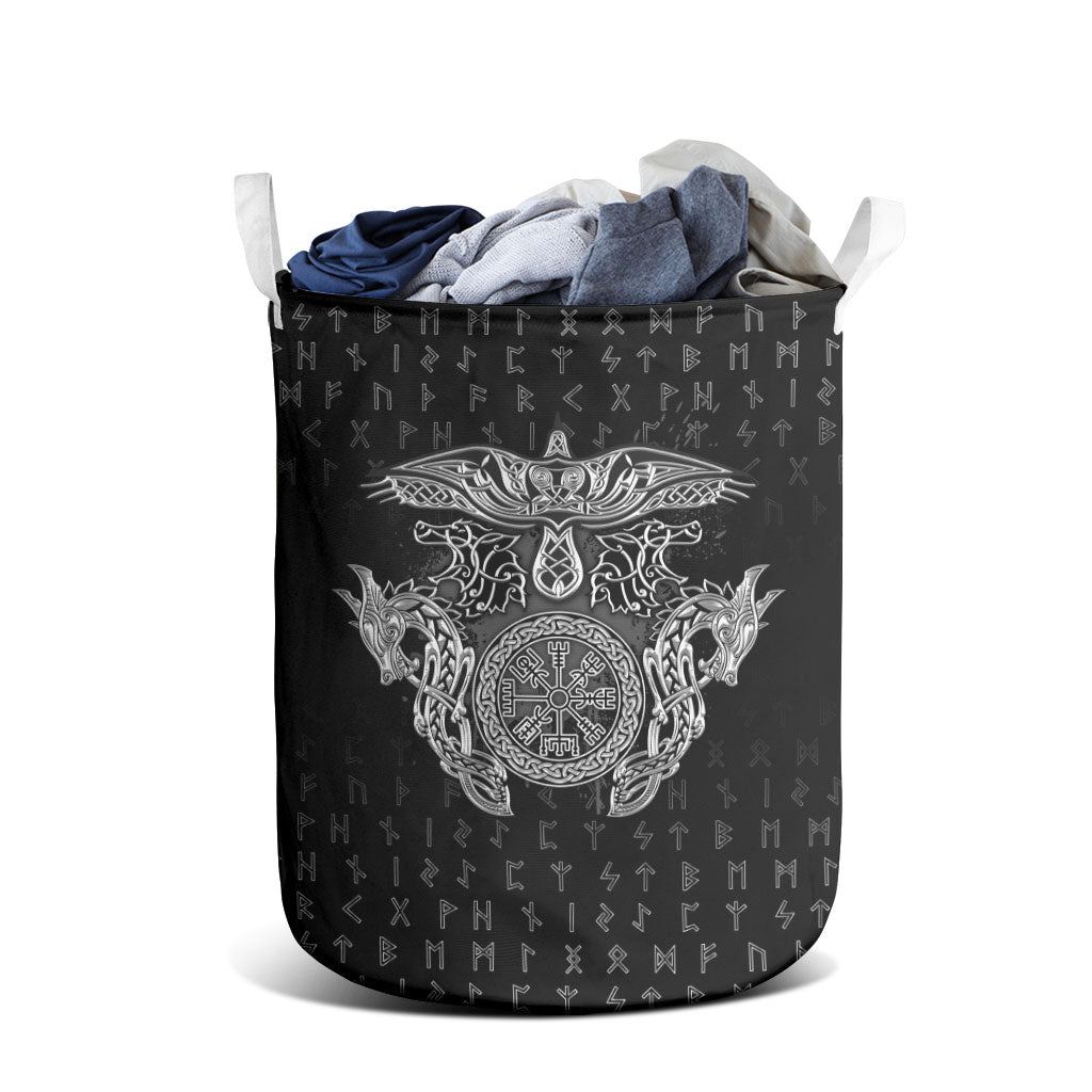 Viking Vegvisir Serpent Rune Cross Laundry Basket Nordic Knotwork Runic Engraving Style