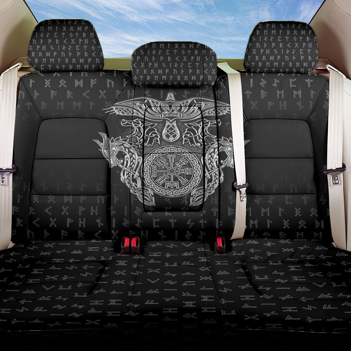 Viking Vegvisir Serpent Rune Cross Back Car Seat Cover Nordic Knotwork Runic Engraving Style