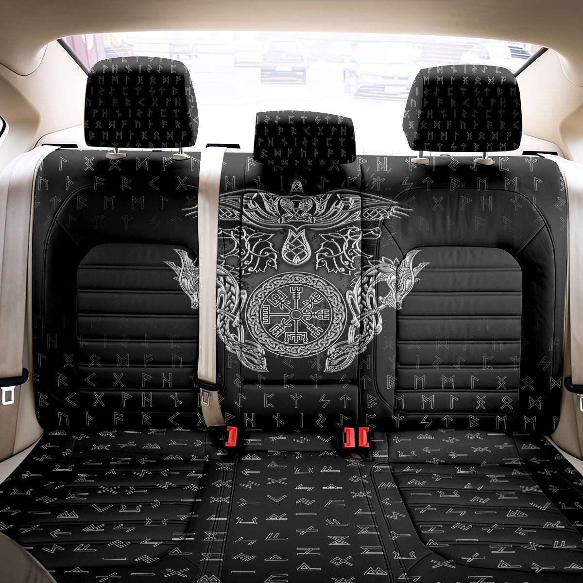 Viking Vegvisir Serpent Rune Cross Back Car Seat Cover Nordic Knotwork Runic Engraving Style