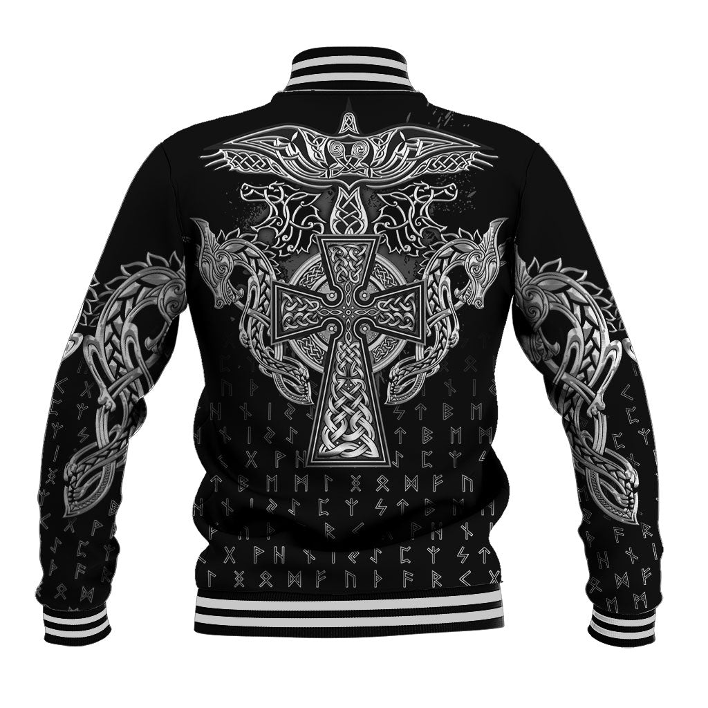 Viking Vegvisir Serpent Rune Cross Baseball Jacket Nordic Knotwork Runic Engraving Style