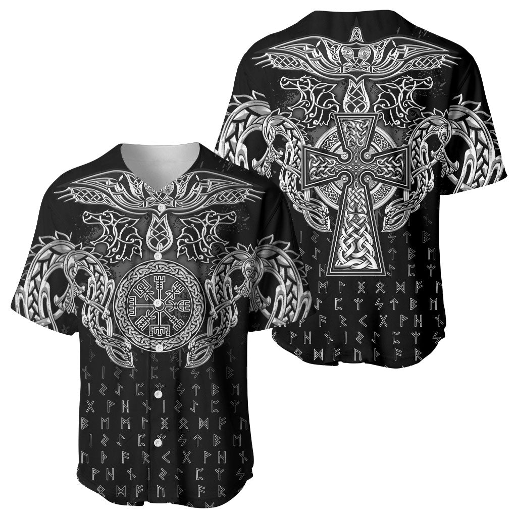 Viking Vegvisir Serpent Rune Cross Baseball Jersey Nordic Knotwork Runic Engraving Style