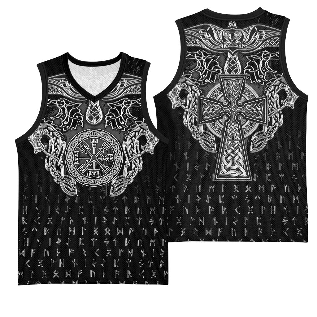 Viking Vegvisir Serpent Rune Cross Basketball Jersey Nordic Knotwork Runic Engraving Style