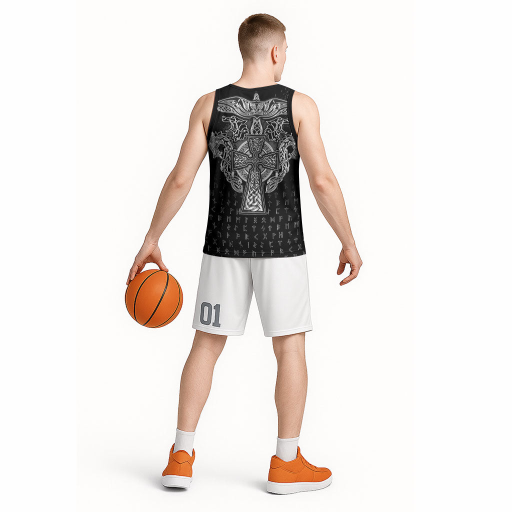 Viking Vegvisir Serpent Rune Cross Basketball Jersey Nordic Knotwork Runic Engraving Style