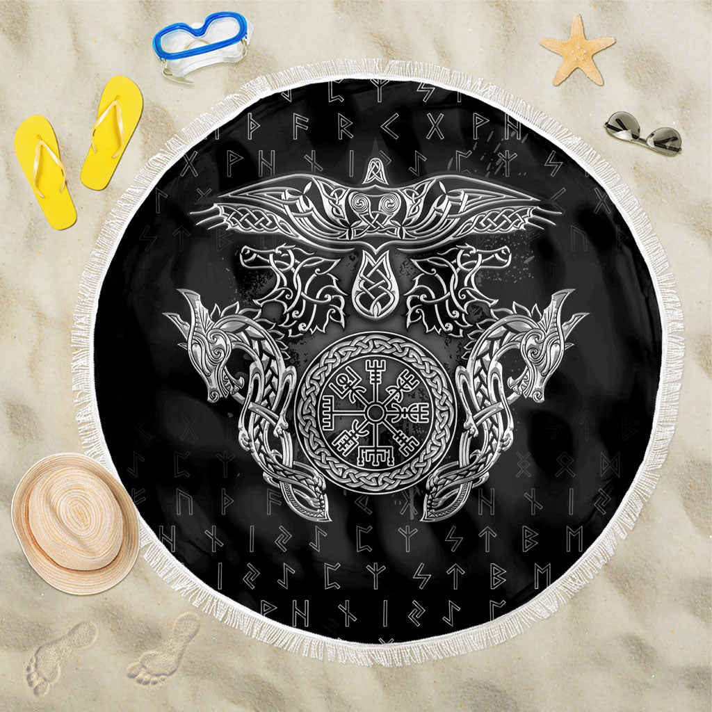Viking Vegvisir Serpent Rune Cross Beach Blanket Nordic Knotwork Runic Engraving Style