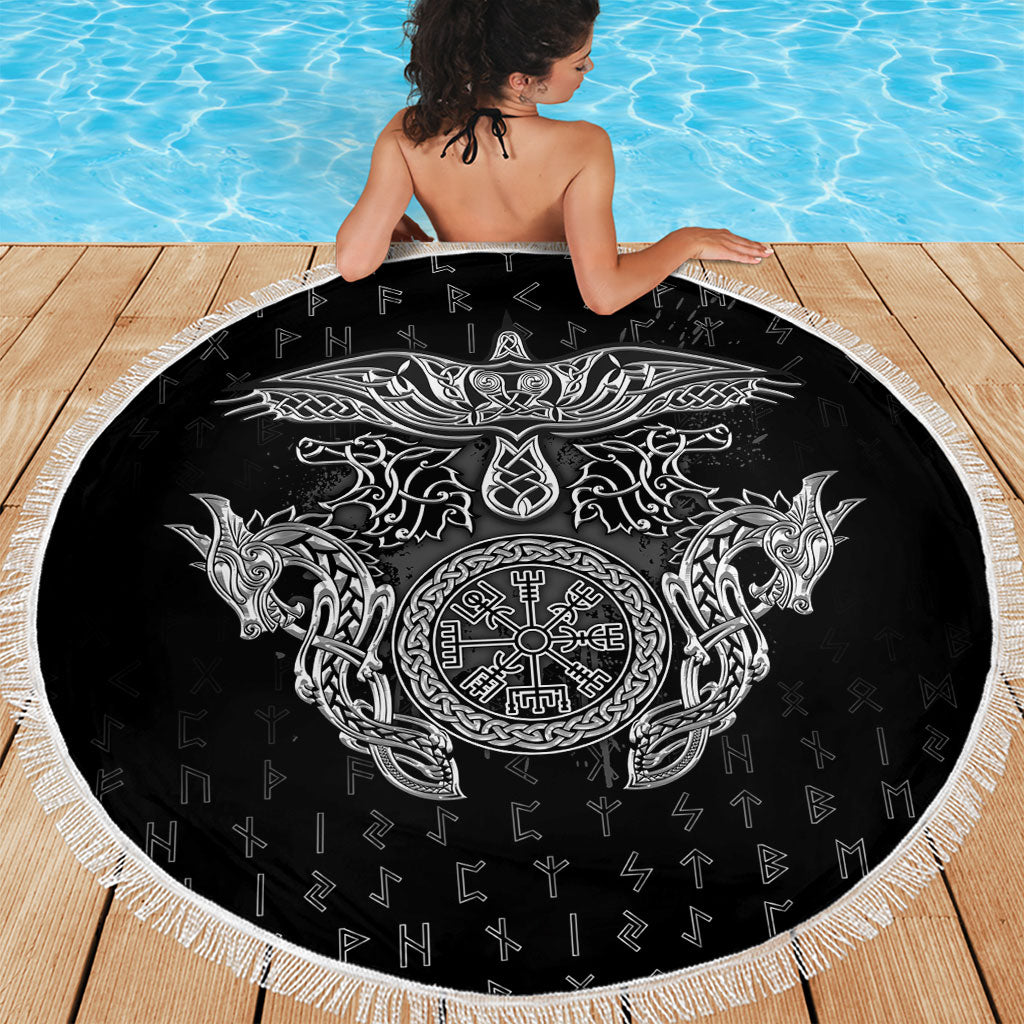 Viking Vegvisir Serpent Rune Cross Beach Blanket Nordic Knotwork Runic Engraving Style