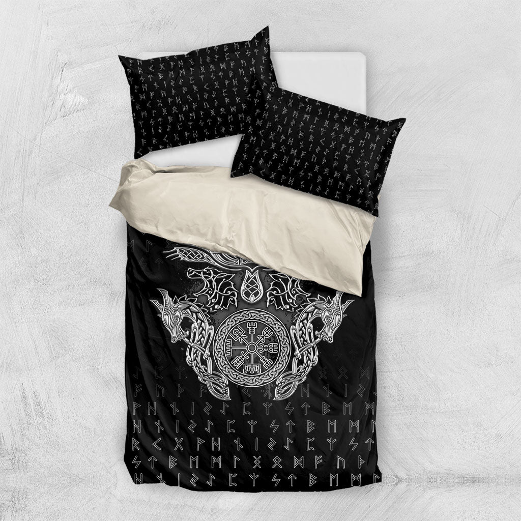 Viking Vegvisir Serpent Rune Cross Bedding Set Nordic Knotwork Runic Engraving Style
