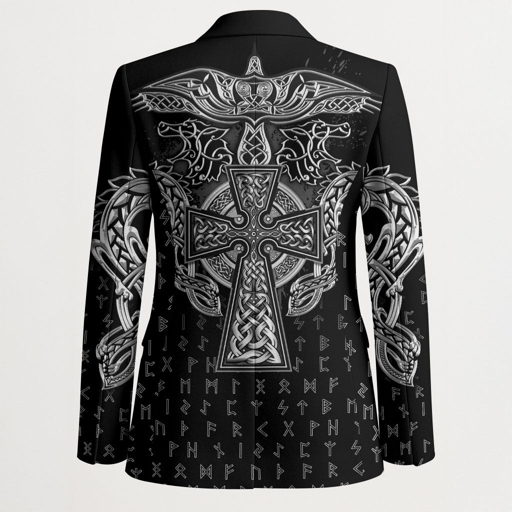 Viking Vegvisir Serpent Rune Cross Blazer Nordic Knotwork Runic Engraving Style