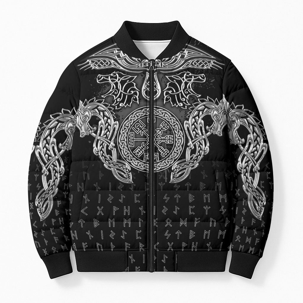 Viking Vegvisir Serpent Rune Cross Bomber Puffer Jacket Nordic Knotwork Runic Engraving Style