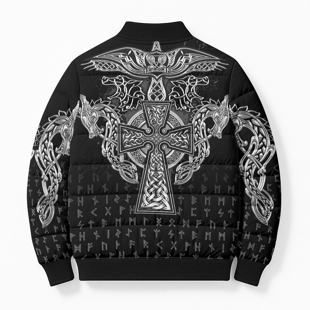 Viking Vegvisir Serpent Rune Cross Bomber Puffer Jacket Nordic Knotwork Runic Engraving Style