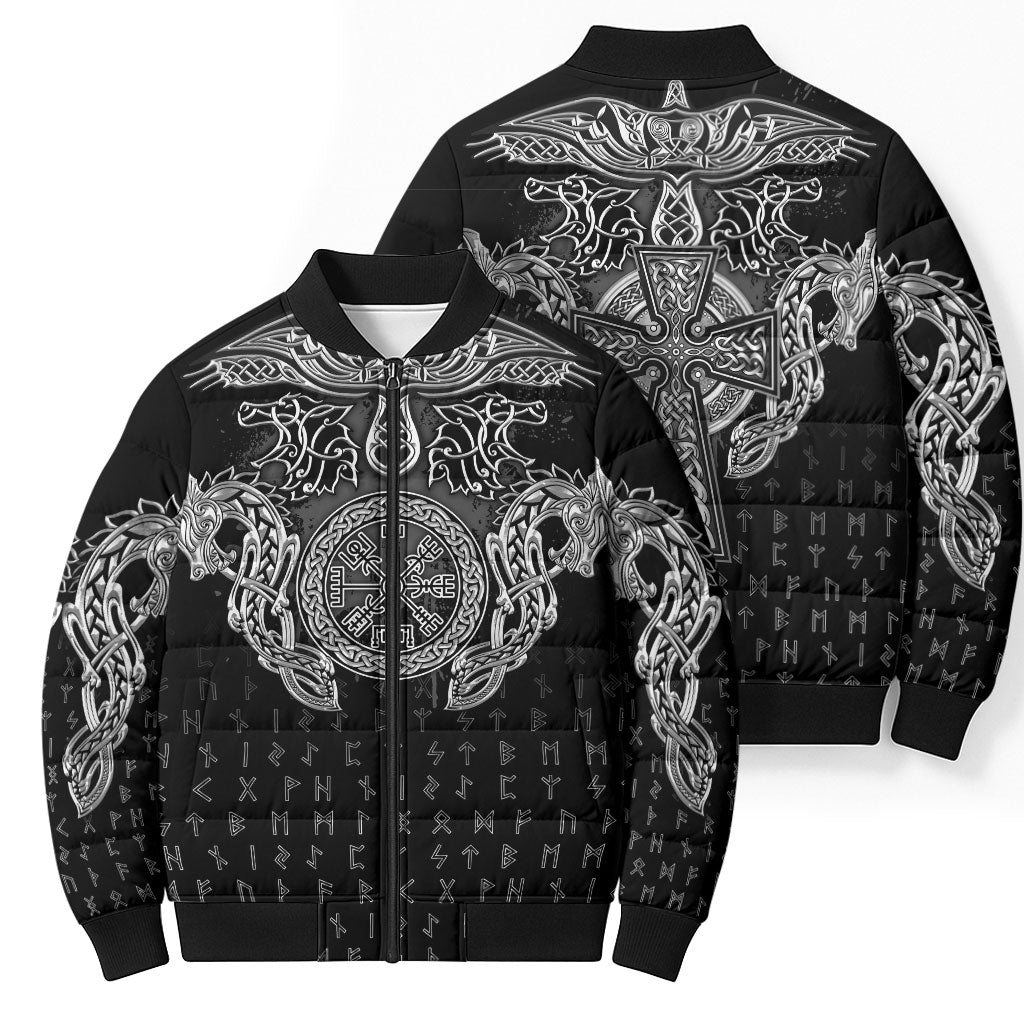 Viking Vegvisir Serpent Rune Cross Bomber Puffer Jacket Nordic Knotwork Runic Engraving Style