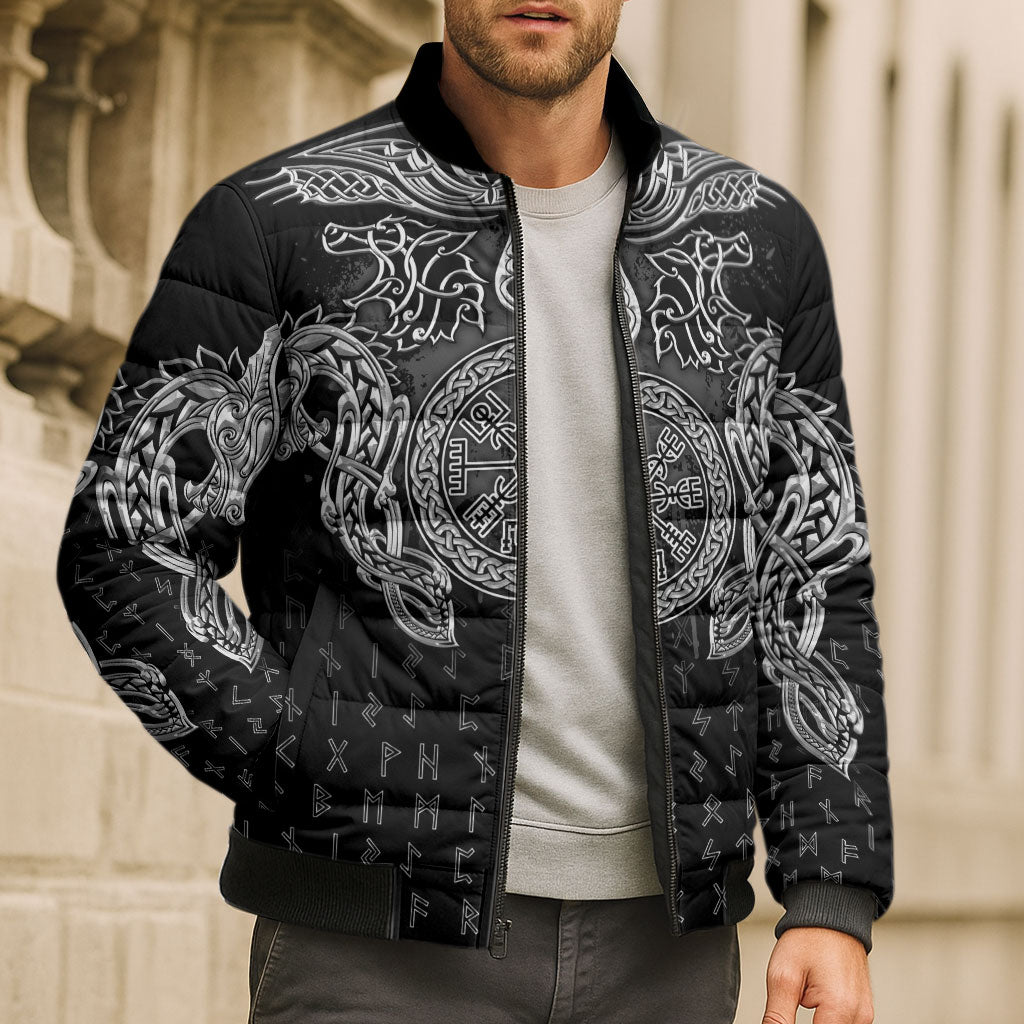 Viking Vegvisir Serpent Rune Cross Bomber Puffer Jacket Nordic Knotwork Runic Engraving Style