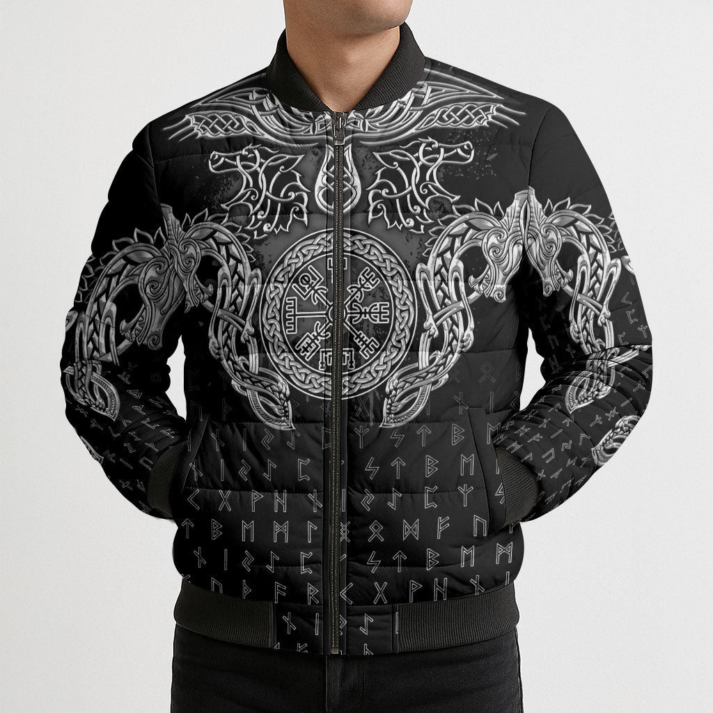 Viking Vegvisir Serpent Rune Cross Bomber Puffer Jacket Nordic Knotwork Runic Engraving Style