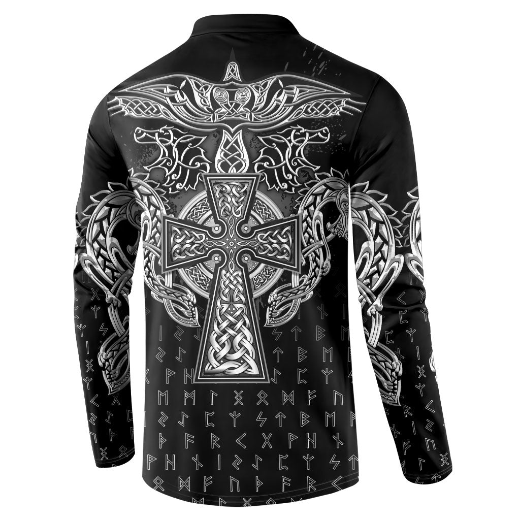 Viking Vegvisir Serpent Rune Cross Button Sweatshirt Nordic Knotwork Runic Engraving Style