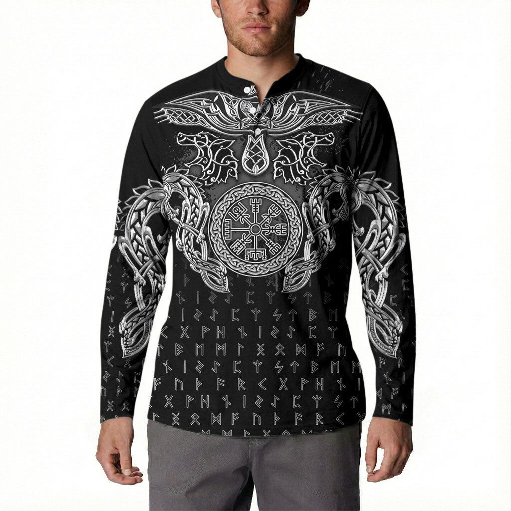 Viking Vegvisir Serpent Rune Cross Button Sweatshirt Nordic Knotwork Runic Engraving Style