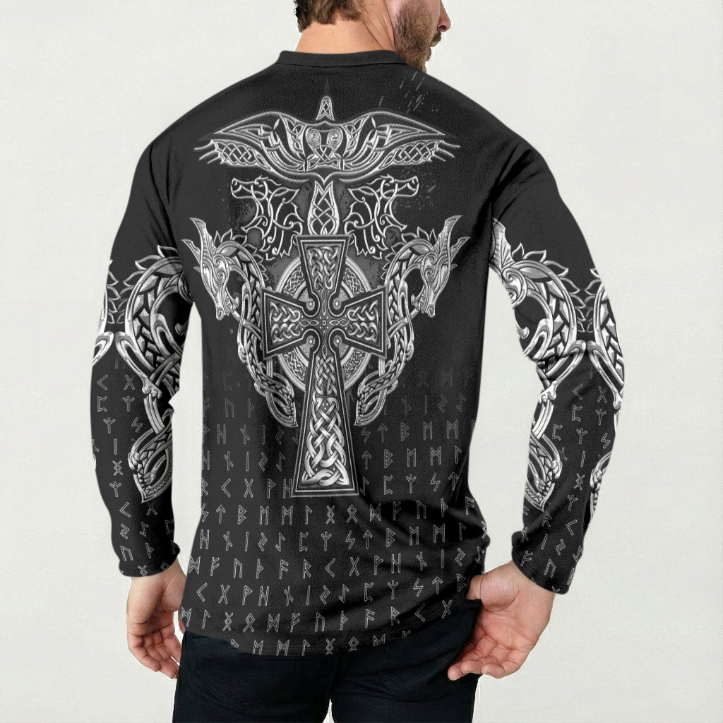 Viking Vegvisir Serpent Rune Cross Button Sweatshirt Nordic Knotwork Runic Engraving Style