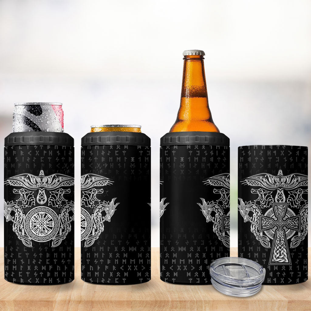 Viking Vegvisir Serpent Rune Cross 4 in 1 Can Cooler Tumbler Nordic Knotwork Runic Engraving Style