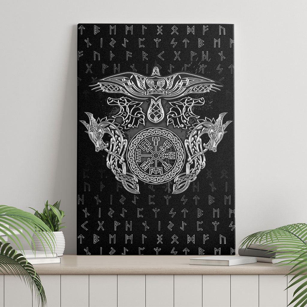 Viking Vegvisir Serpent Rune Cross Canvas Wall Art Nordic Knotwork Runic Engraving Style