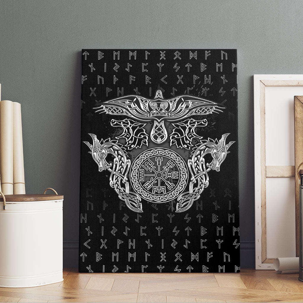 Viking Vegvisir Serpent Rune Cross Canvas Wall Art Nordic Knotwork Runic Engraving Style