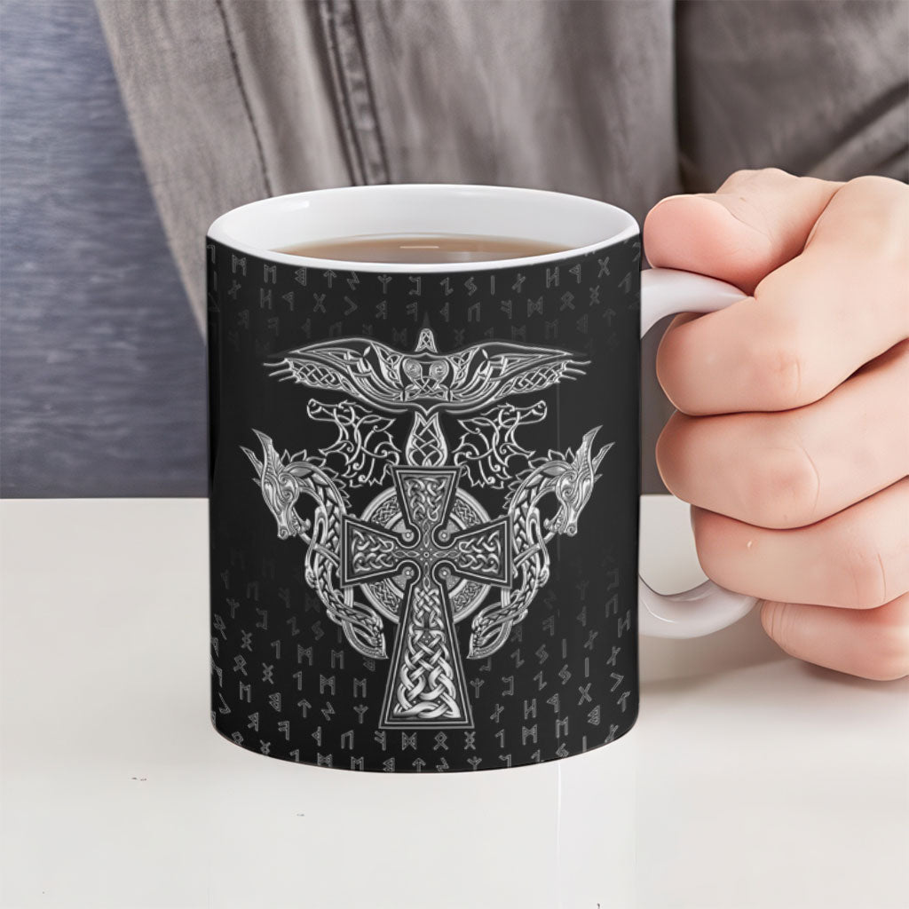 Viking Vegvisir Serpent Rune Cross Ceramic Mug Nordic Knotwork Runic Engraving Style
