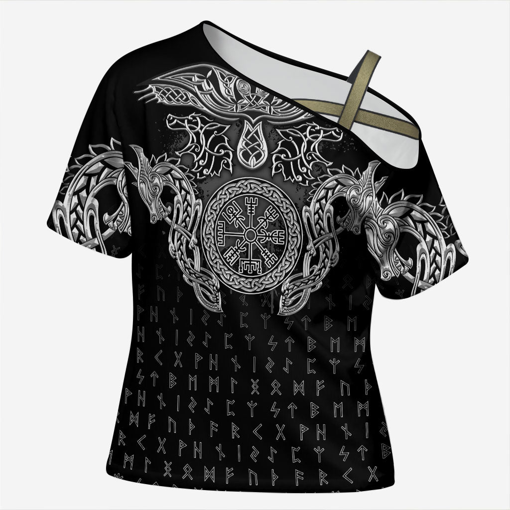 Viking Vegvisir Serpent Rune Cross Cross Shoulder Shirt Nordic Knotwork Runic Engraving Style