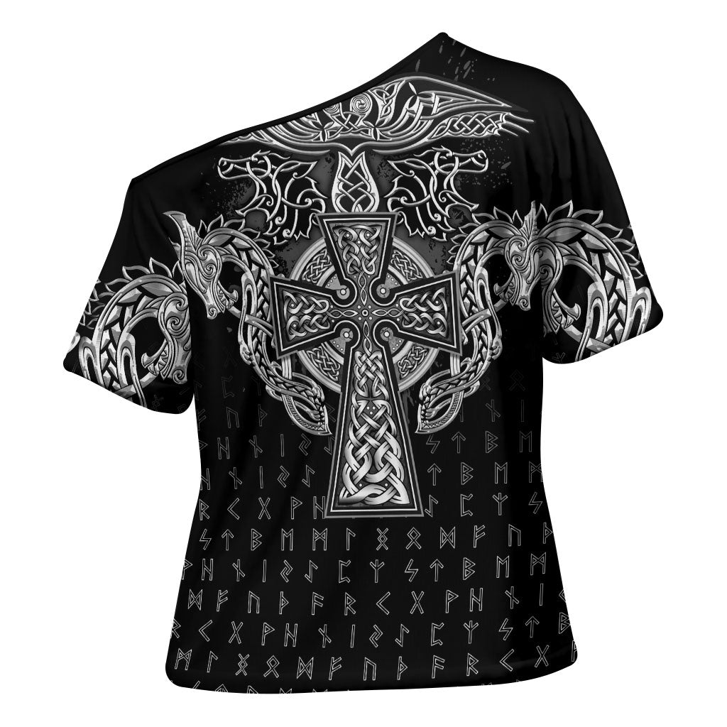 Viking Vegvisir Serpent Rune Cross Cross Shoulder Shirt Nordic Knotwork Runic Engraving Style