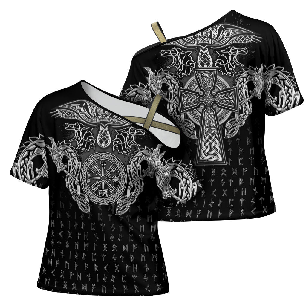 Viking Vegvisir Serpent Rune Cross Cross Shoulder Shirt Nordic Knotwork Runic Engraving Style