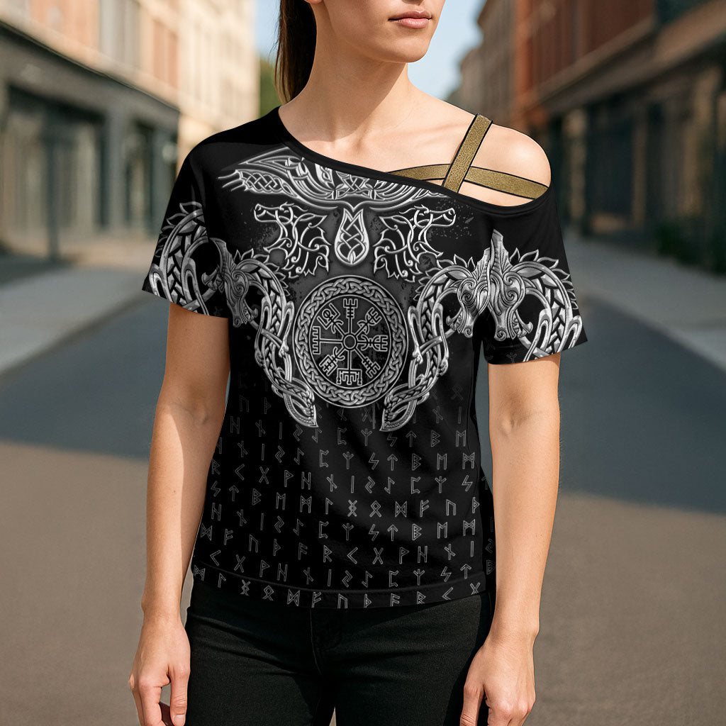 Viking Vegvisir Serpent Rune Cross Cross Shoulder Shirt Nordic Knotwork Runic Engraving Style
