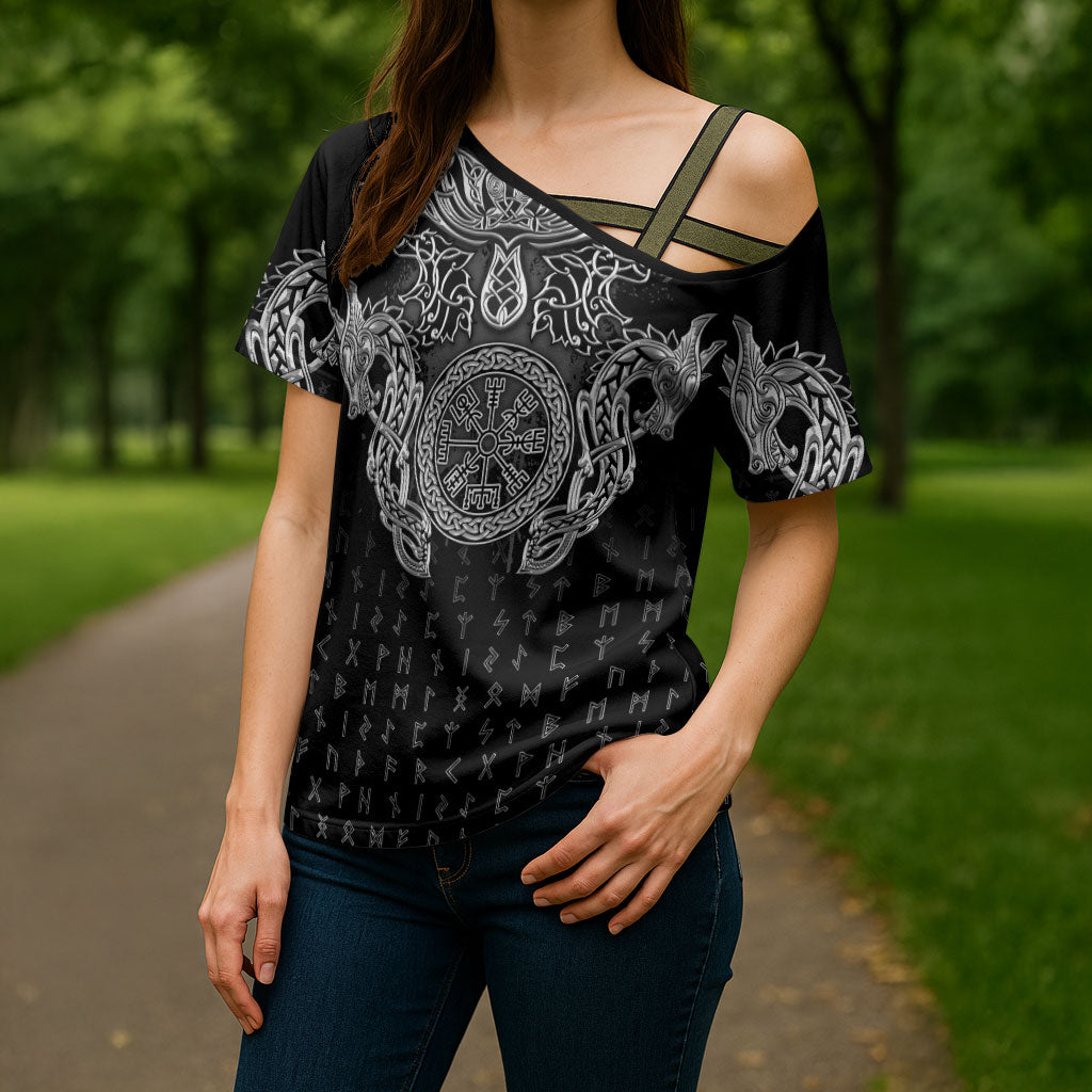 Viking Vegvisir Serpent Rune Cross Cross Shoulder Shirt Nordic Knotwork Runic Engraving Style