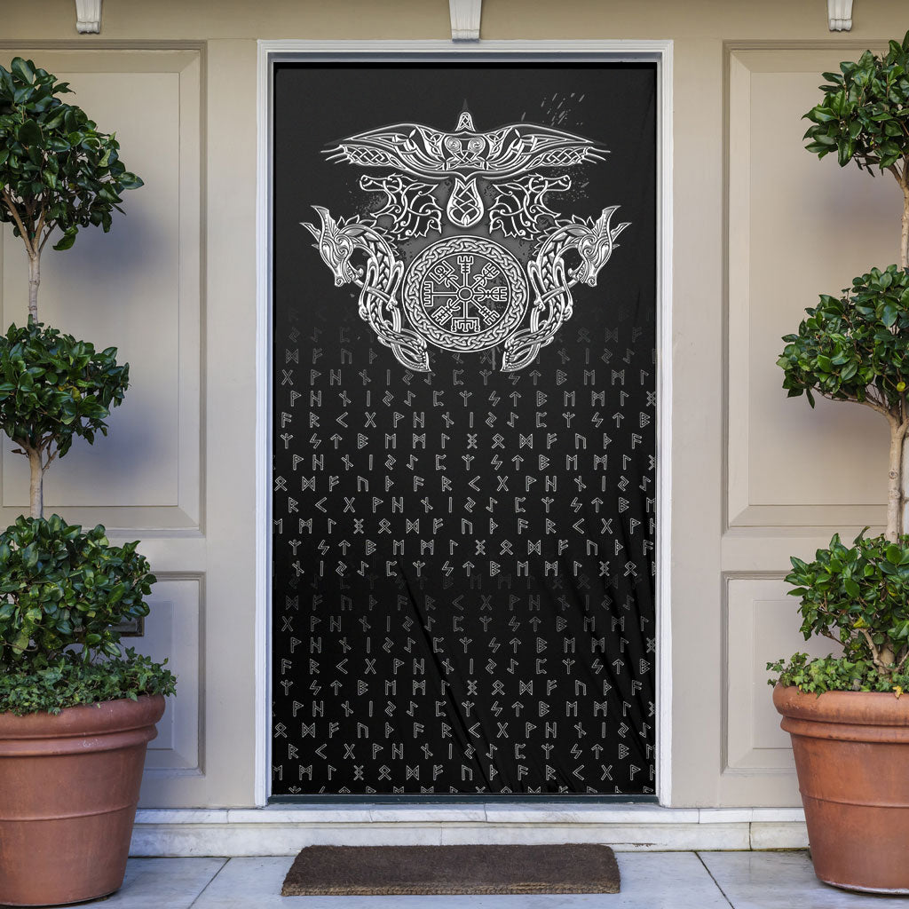 Viking Vegvisir Serpent Rune Cross Door Cover Nordic Knotwork Runic Engraving Style