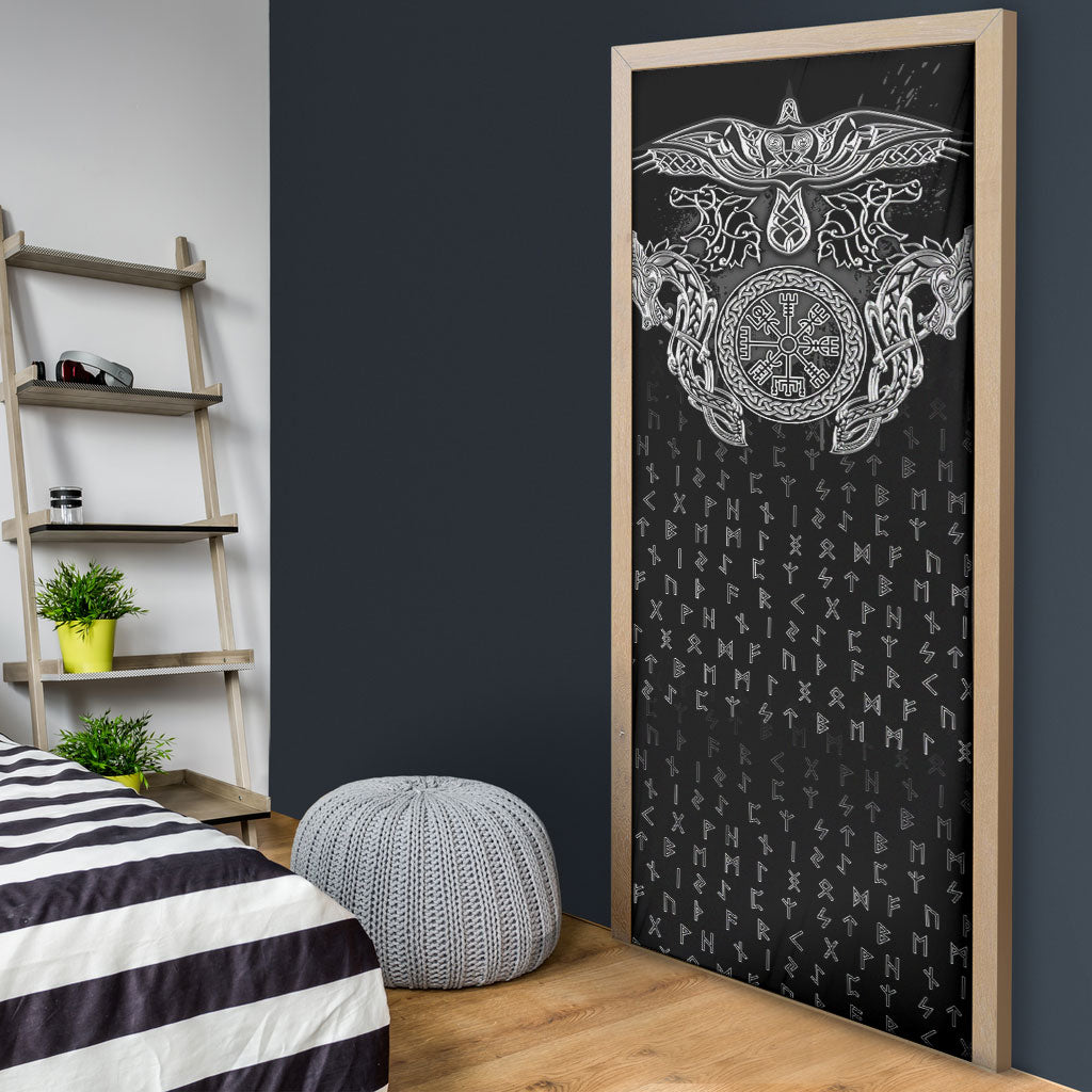 Viking Vegvisir Serpent Rune Cross Door Cover Nordic Knotwork Runic Engraving Style