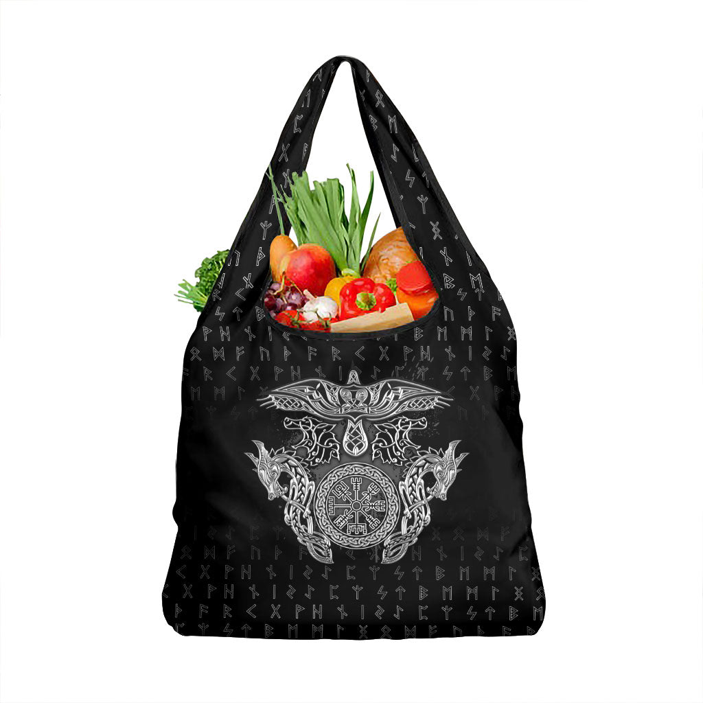 Viking Vegvisir Serpent Rune Cross Grocery Bag Nordic Knotwork Runic Engraving Style